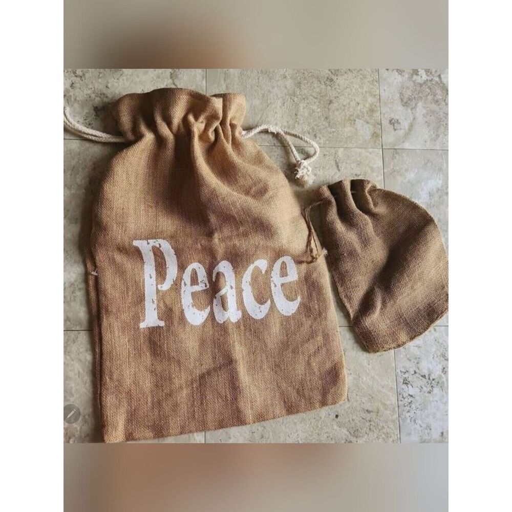 Natural Burlap Drawstring Bag Larger with "Peace" Print and Small Matching Pouch